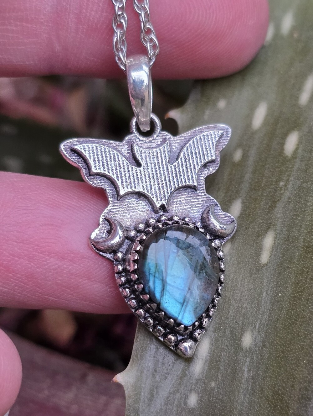 Sterling Silver Labradorite And Bat Necklace Gemstone Goth Jewelry Crystal Witch
